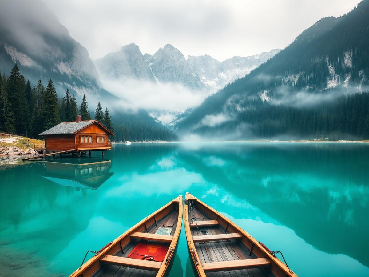 Lago di Braies com águas turquesa e barcos de madeira
