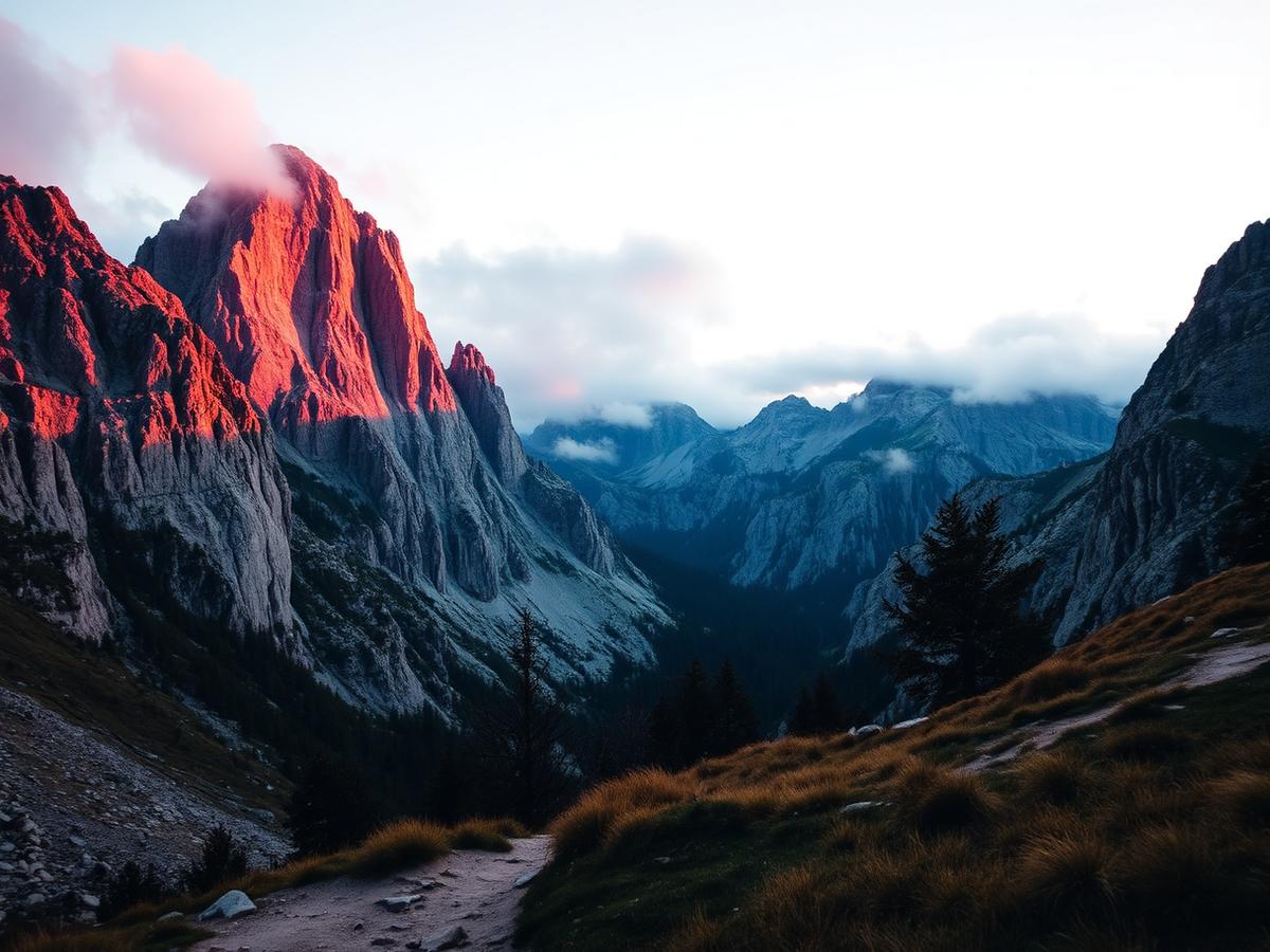 Três picos de Tre Cime di Lavaredo com luz de crepúsculo